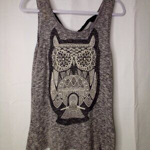 Blu Planet Sleeveless Blouse Women L Open Back Ribbon Embroidery Owl Gray Black